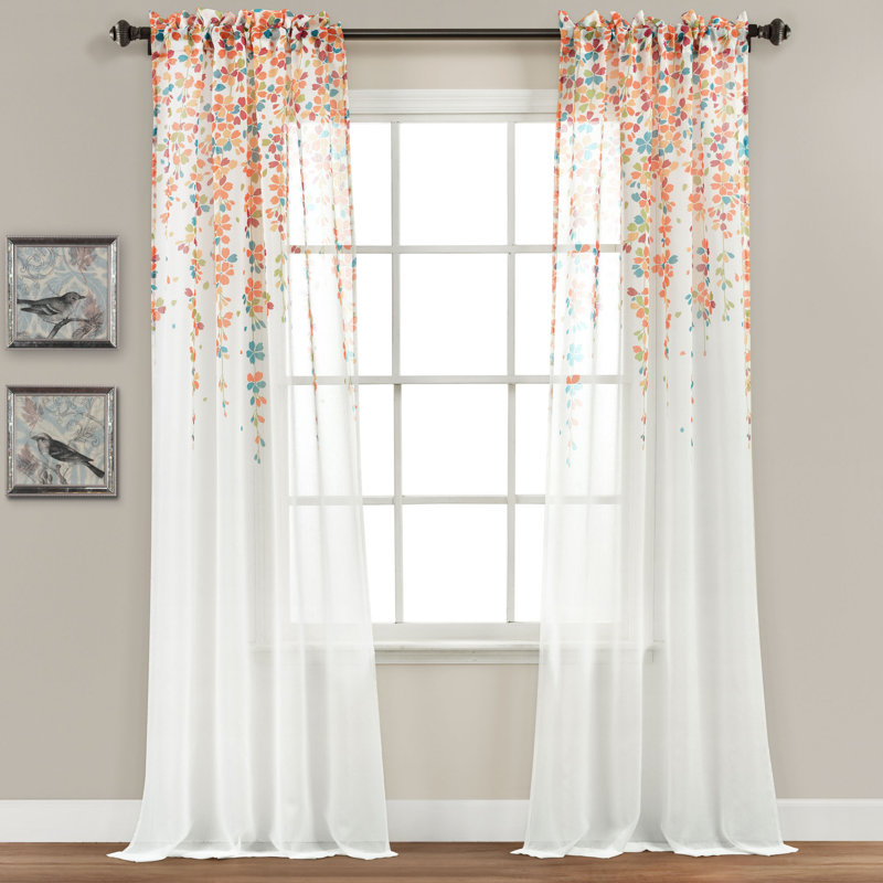 Paire de rideaux transparents avec passe-tringle Floral, Turquoise/Mandarine