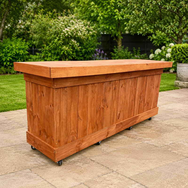 8' X 30" Outdoor Wooden Mobile Bar Counter With Caster Wheels And Storage Base