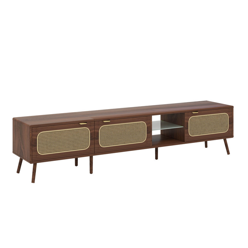Meuble télé 78 po, meuble télé en rotin avec tablettes ouvertes