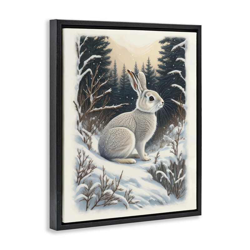 «Rabbit in Winter Forest», art mural sur toile par Denise Dundon, H 31 po x l 25 po x P 1,7 po, Cadre flottant noir de jais