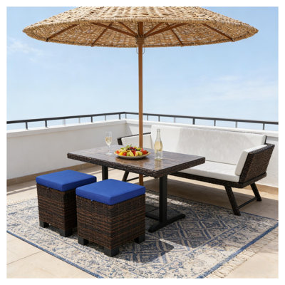 Ensemble de 2 cubes de repose-pieds en osier avec coussins - Brun et bleu foncé