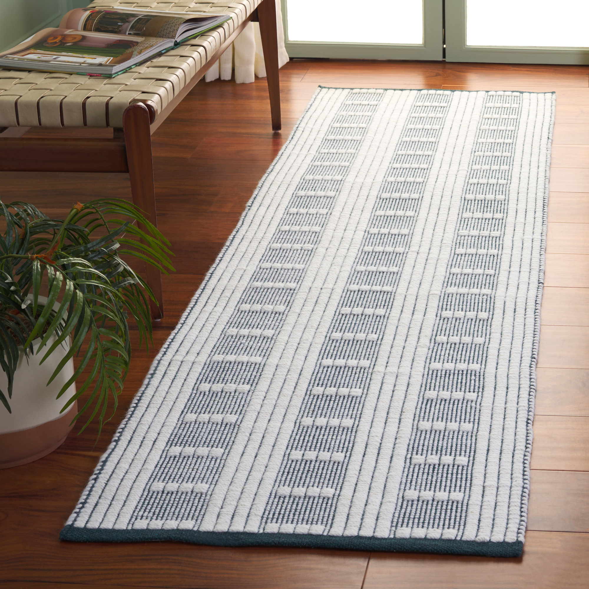 Vermont 951 Flatweave Wool/Cotton Geometric Rug in Green/Ivory, Blue , Runner 2'3" x 8'