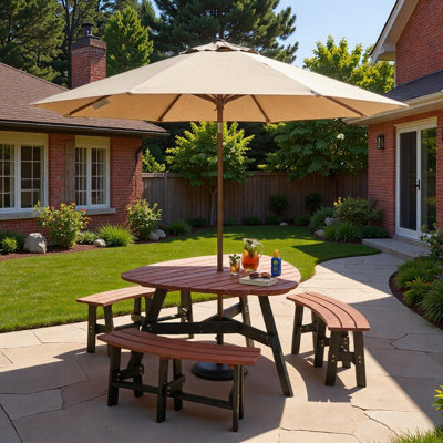 Ensemble de table de pique-nique extérieur 6 personnes avec pieds noirs, 3 bancs intégrés et trou de parasol central