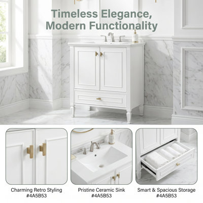Meuble-lavabo de 30 po avec lavabo, structure et pieds autoportants en bois massif, 1 tiroir et 2 portes à fermeture en douceur avec rangement pour porte, plateau en céramique, style rétro pour les petites salles de bain et les salles de bain d'invités