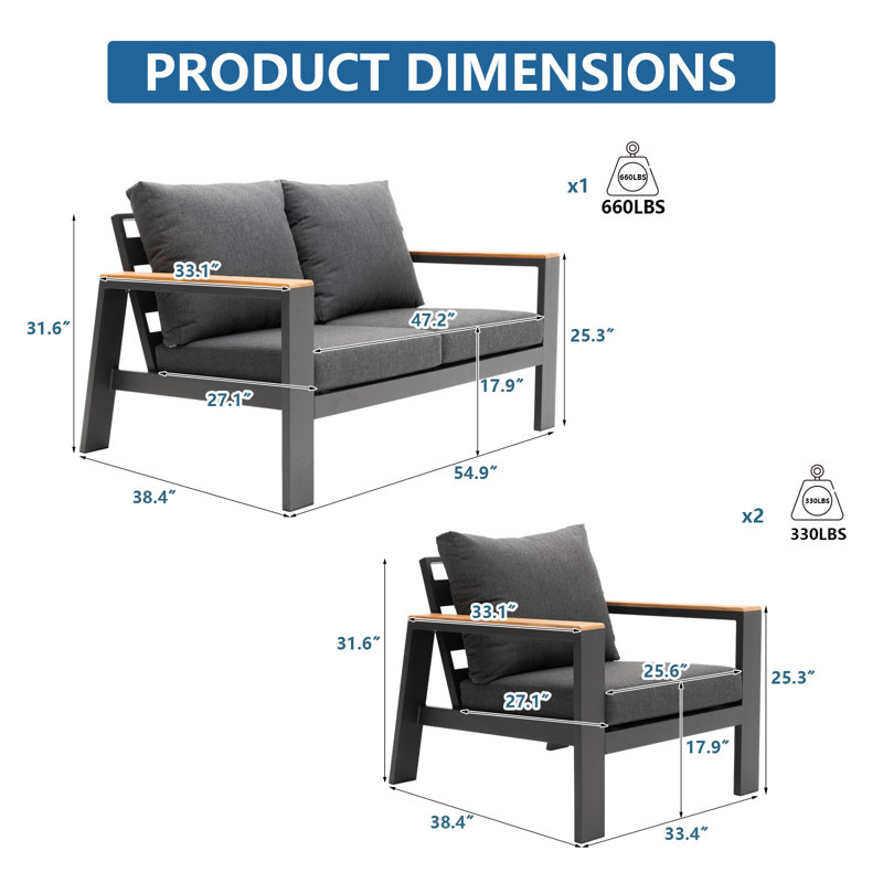54.9 " W Straight Patio Sofa with Cushions
