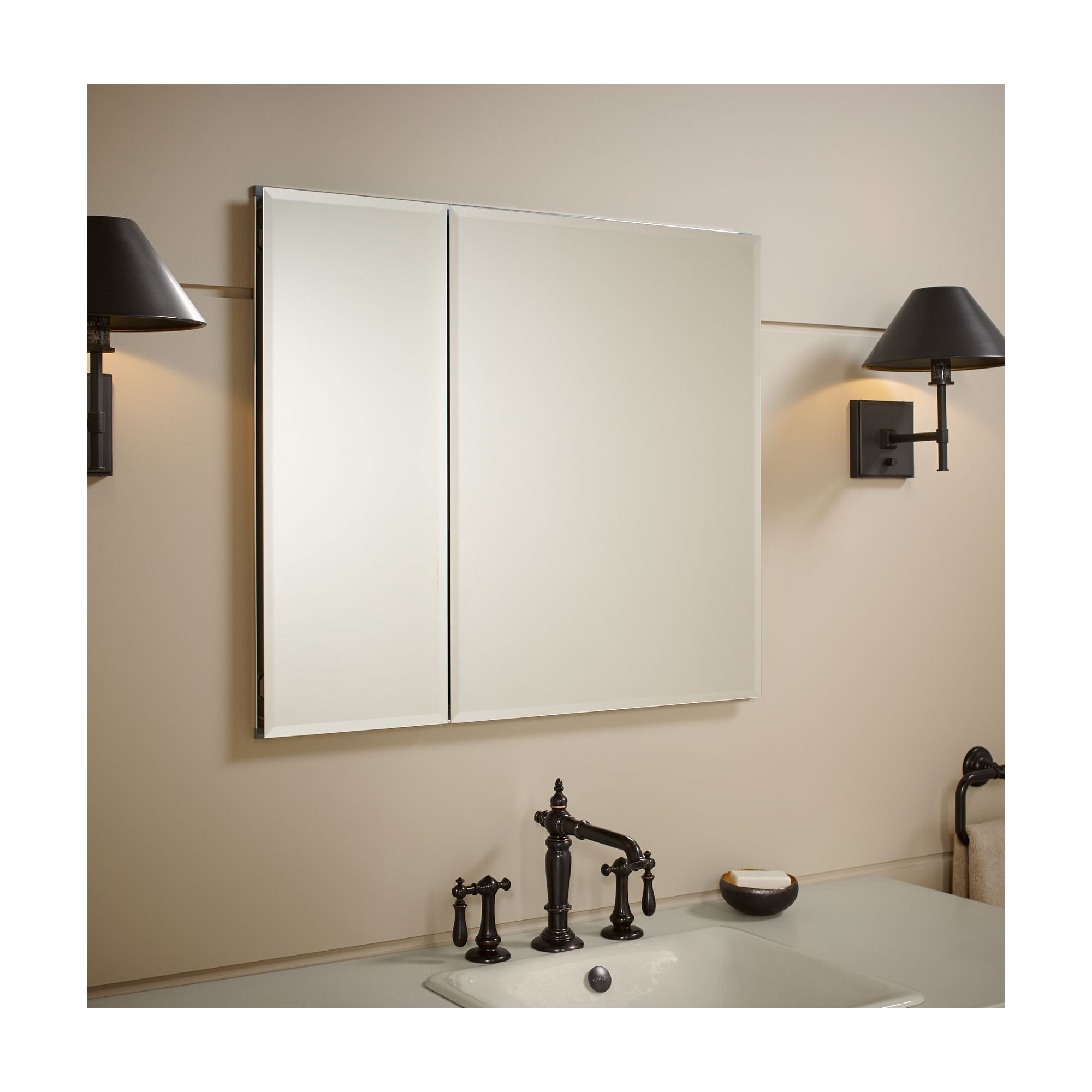 CLC Aluminum Two-Door Medicine Cabinet With Mirrored Doors, Beveled Edges, 26" H x 30" W x 5" D