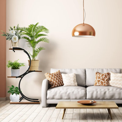 Support pour plante à 4 niveaux en forme de S en fer forgé avec planches de bois, support à fleurs vertical peu encombrant pour le salon, le patio, le balcon