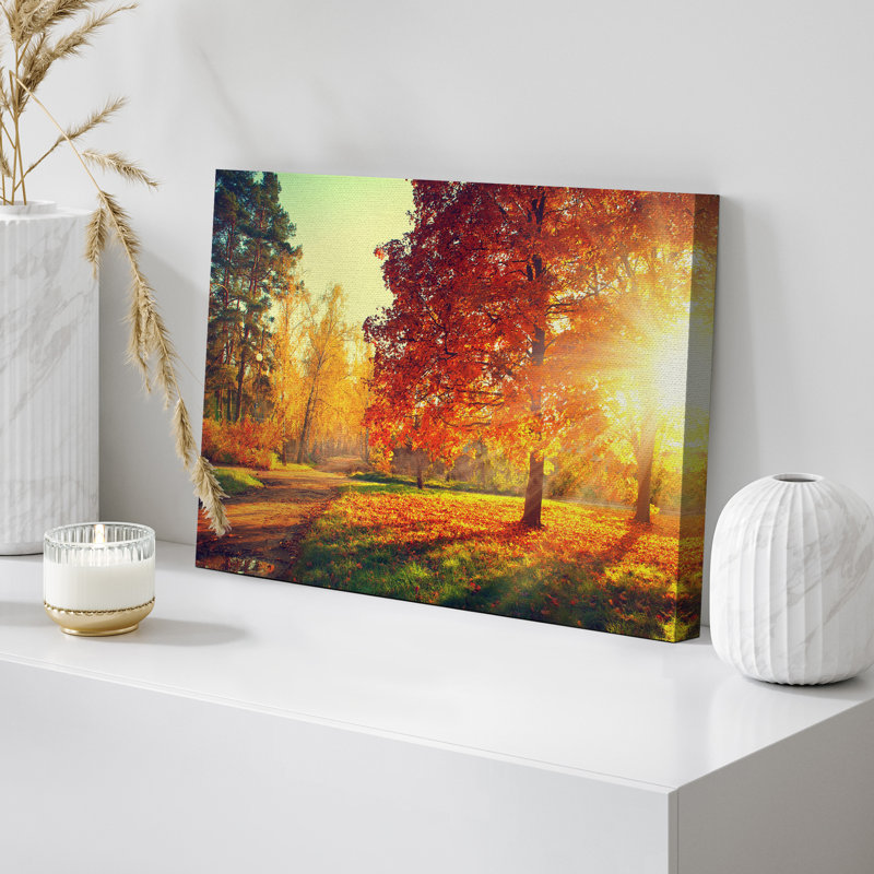 Autumn Fall Color Autumn Scene Fall Forest Maple Trees Natural Landscape Canvas Print Large Wall Art, 32" H x 48" W