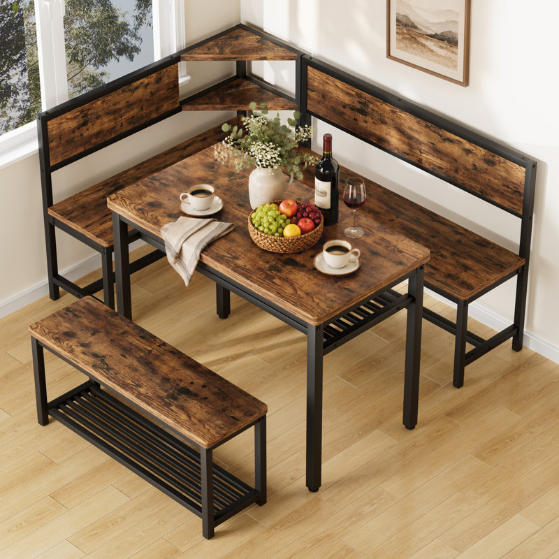 Corner Dining Table Set with L-Shaped Bench and Straight Bench, Space-Saving Breakfast Nook Set with Storage Shelves