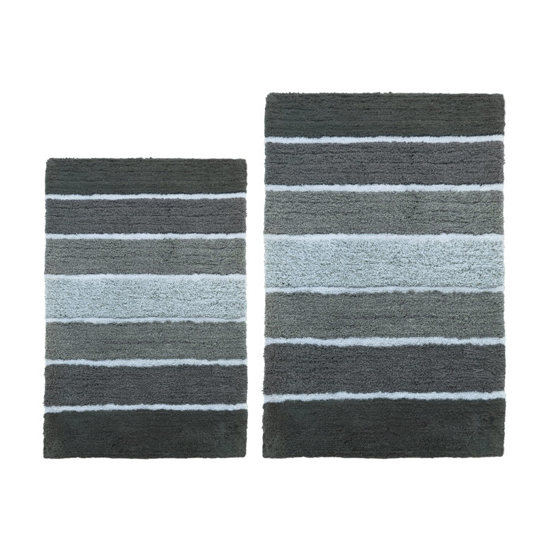 Ensemble de 2 tapis de bain à rayures antidérapants 100% coton Cervantes, 21''x34''/17''x24'', Gris anthracite