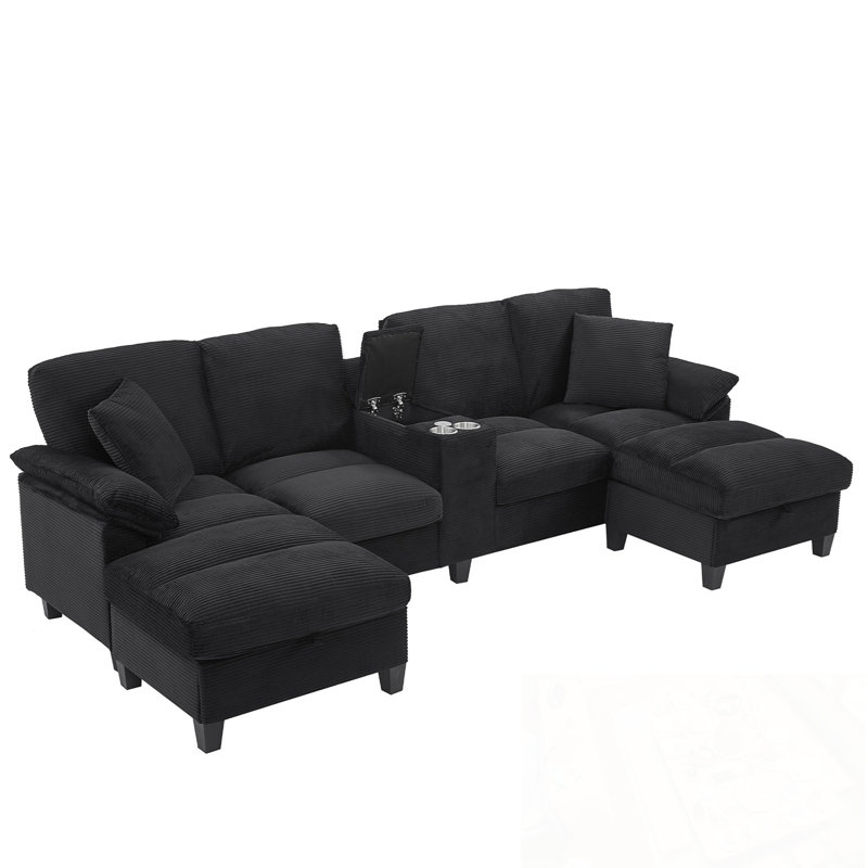 U-Shaped Sectional Sofa With Storage Ottomans, Cup Holders And USB Ports, Black Corduroy