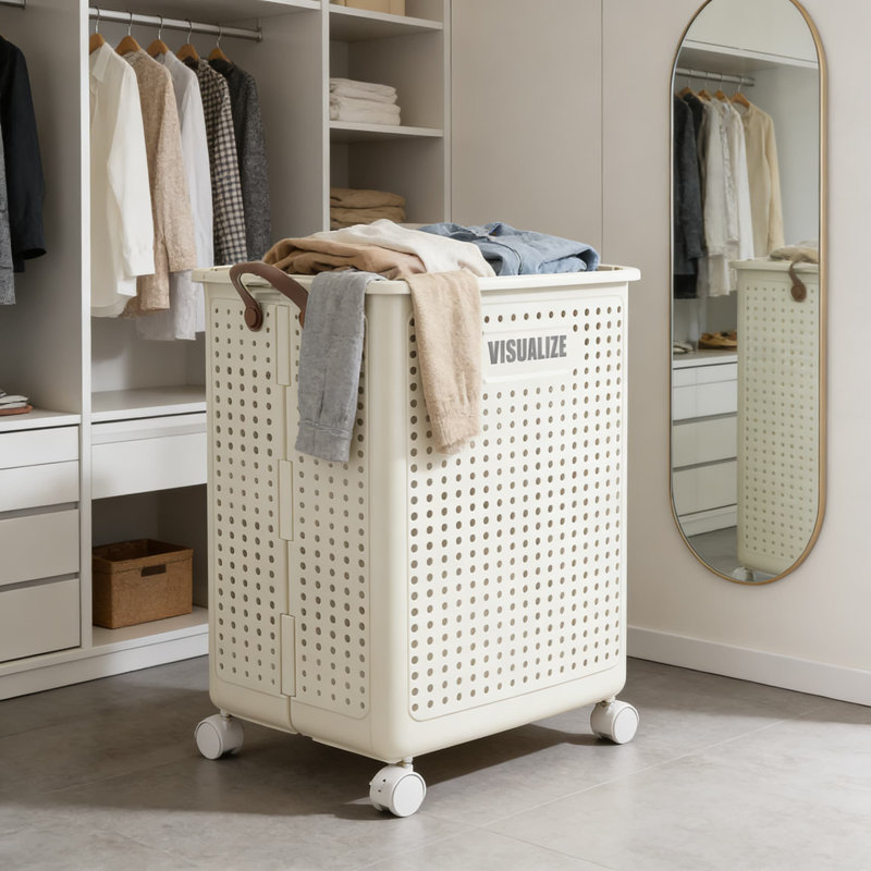 Cream White,Foldable Laundry Hamper With Wheels, Breathable Mesh Design, Heavy-Duty PP Material, Space-Saving Collapsible Storage Basket For Home, Bathroom, And Laundry Room