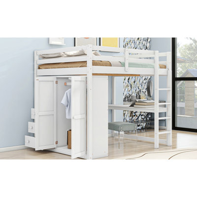 Lit mezzanine double en bois avec rangement intégré: garde-robe, bureau, tablettes, tiroirs - tablettes de rangement pratiques et élégantes pour une meilleure organisation de la chambre