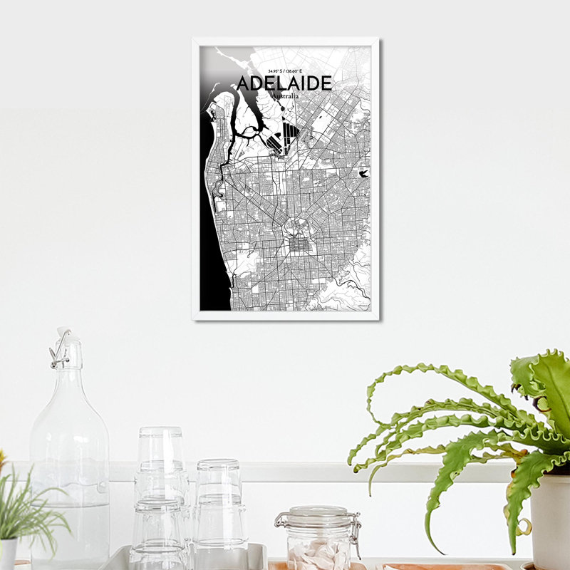 " Adelaide Australia City Map ", 17" H x 11" W, Black/White