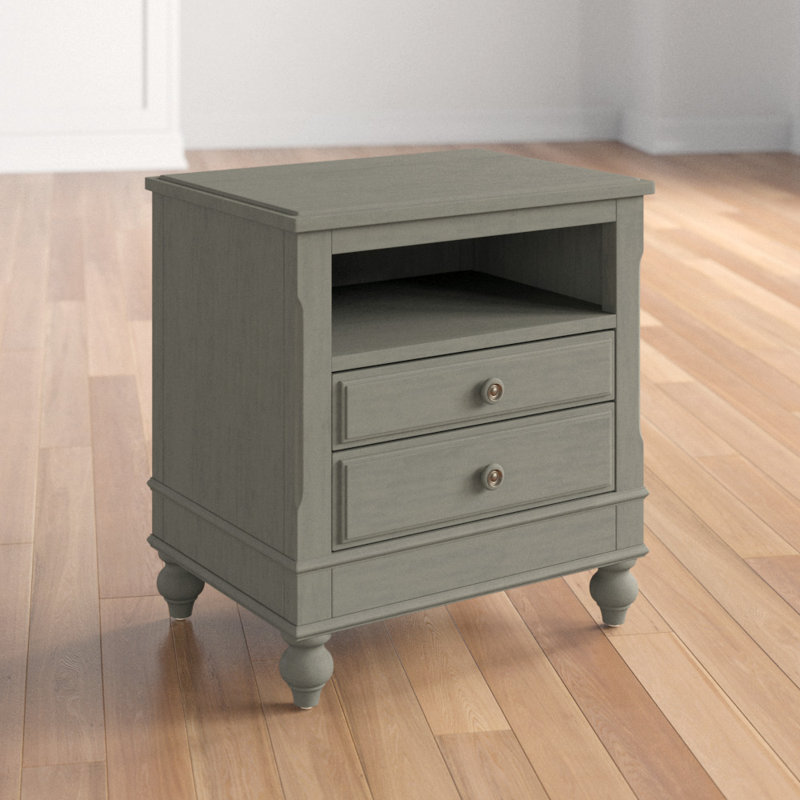 Adriel 2 Drawer Solid Wood Nightstand, Stone