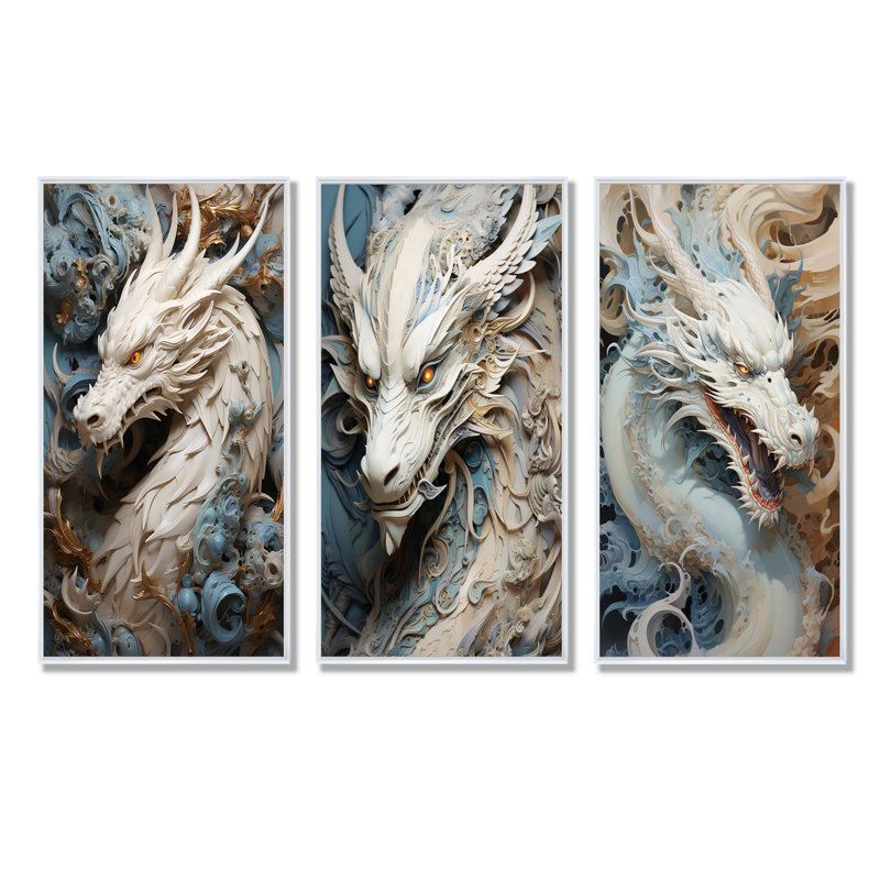«Epic Blue and Gray Dragon Odyssey - Dragons», ensemble de 4 reproductions d'art sur toile, Cadre flottant blanc