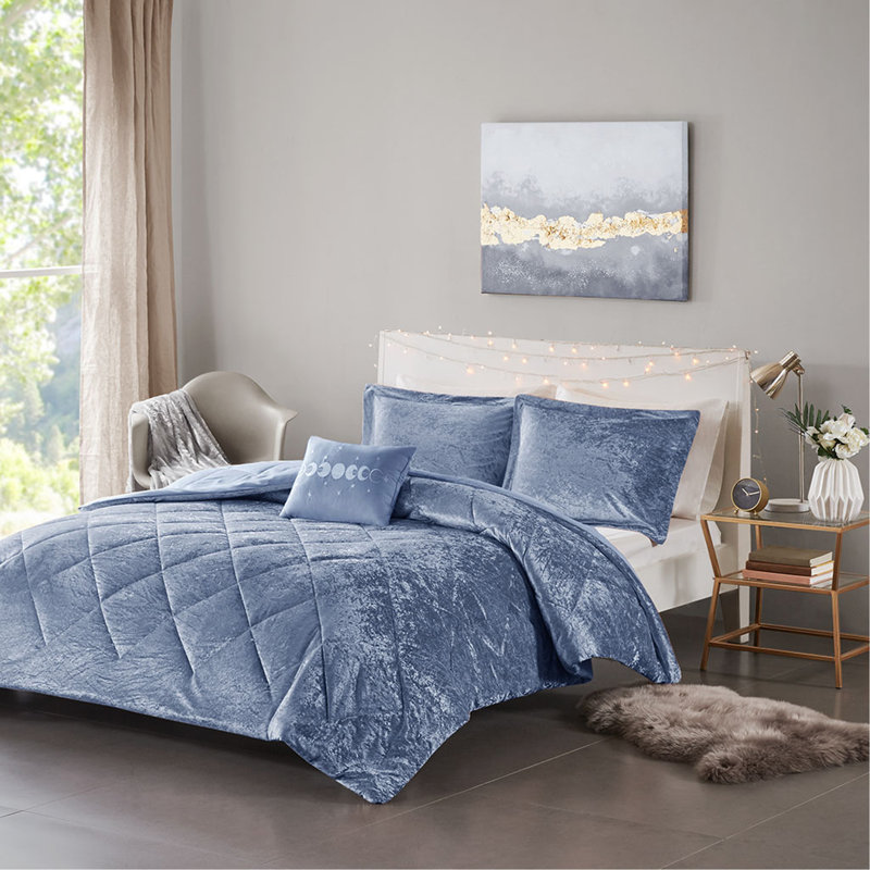 Ensemble d'édredon en velours double / grand avec coussin décoratif, Bleu, Édredon pour lit double / grand lit + 3 pièces s