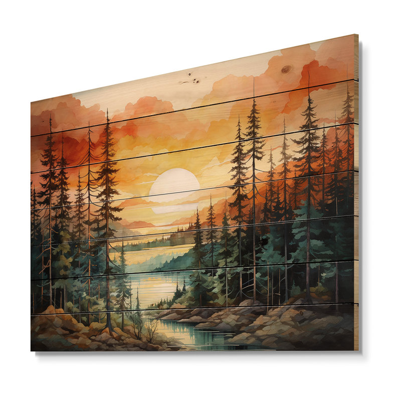 «Pine Tree Sunset Glow II» sur bois, H 24 po x l 32 po x P 0,78 po