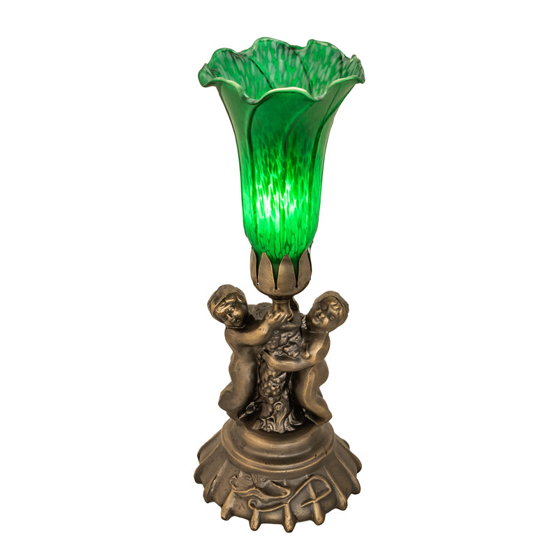13" High Green Tiffany Pond Lily Twin Cherub Accent Lamp