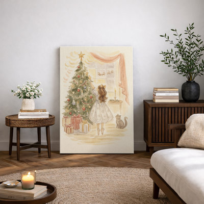 Christmas Tree and Child Holiday Scene Wall Decor - Pictures Framed Canvas Print Wall Art.