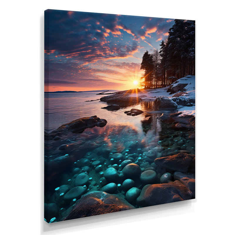 Coucher de soleil à travers les arbres, Islande, Rock Beach - plage et océan, art mural, Toile tendue
