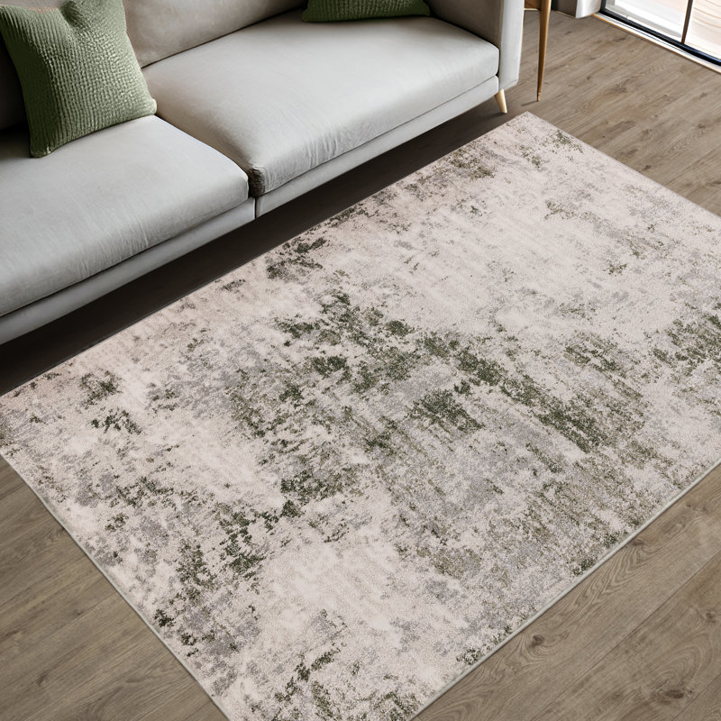 Delanor Abstract Ivory/Green/Silver Area Rug, Rectangle 120 x 160 cm