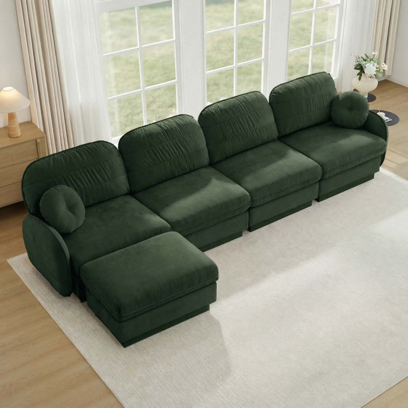 Canapé en L chenille avec repose-pieds mobile, 37.4" H x 137" W x 57.8" D, Green