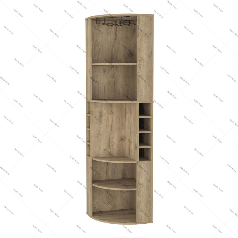 FM FURNITURE Clifton Corner Bar Cabinet, with 5 shelves,Cup Hanger and Eight Built-in Wine Rack,Macadamia, Natural