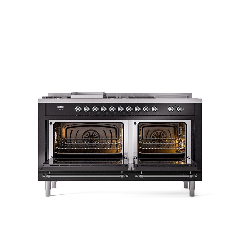 ILVE Nostalgie II 60 in Dual Fuel Range, 7 Burner, Griddle, Frenchtop, Glossy Black/Chrome, Liquid Propane
