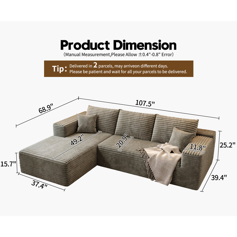 107.5"Cloud Modular Sectional Sofa Couch with L-Shape Chaise,Modern Minimalist Upholstered Couches for Living Room Bedroom,Deep Seat Corner Couch,No Assembly Required