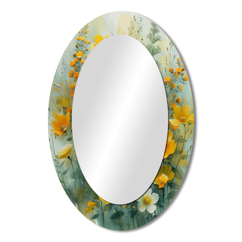 Yellow Wildflowers Spring Awakening I - Floral Oval Decorative Mirror On Metal, 36" x 24"