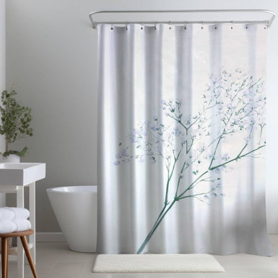 Blue Botanical – Baby's Breath Floral – Polyester Shower Curtain, Dye Sublimation Print, 71" W × 74" L