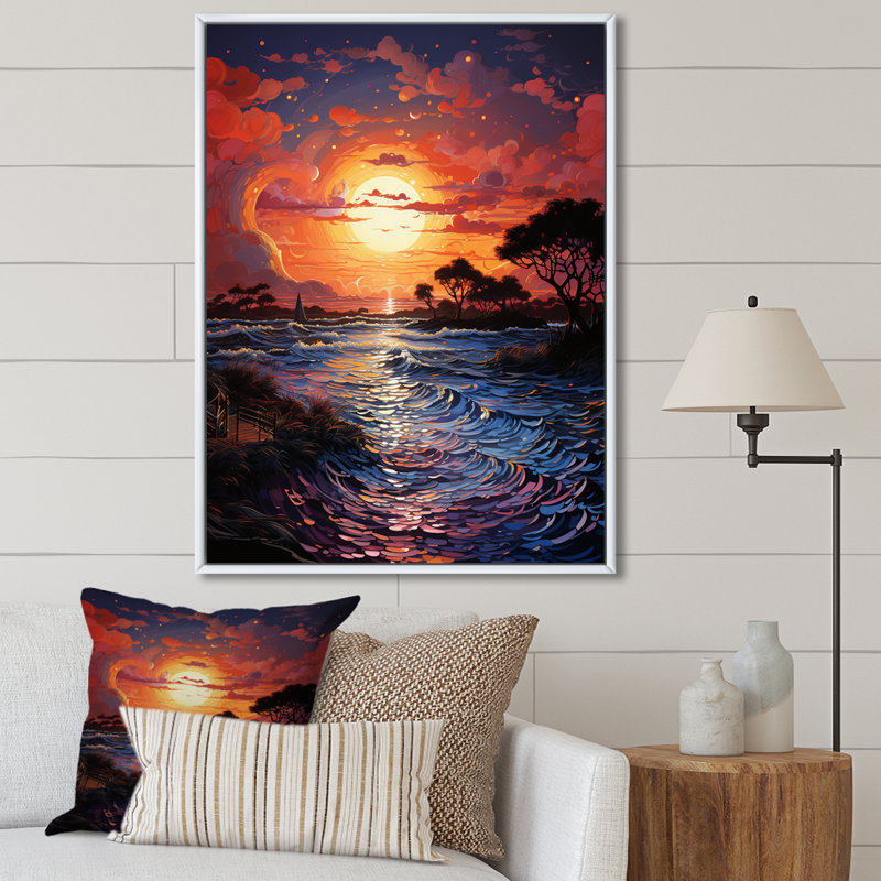 Maegann Sunset Sunset Reverie Pointillism II, H 32 po x l 24 po x P 1 po, Cadre flottant blanc