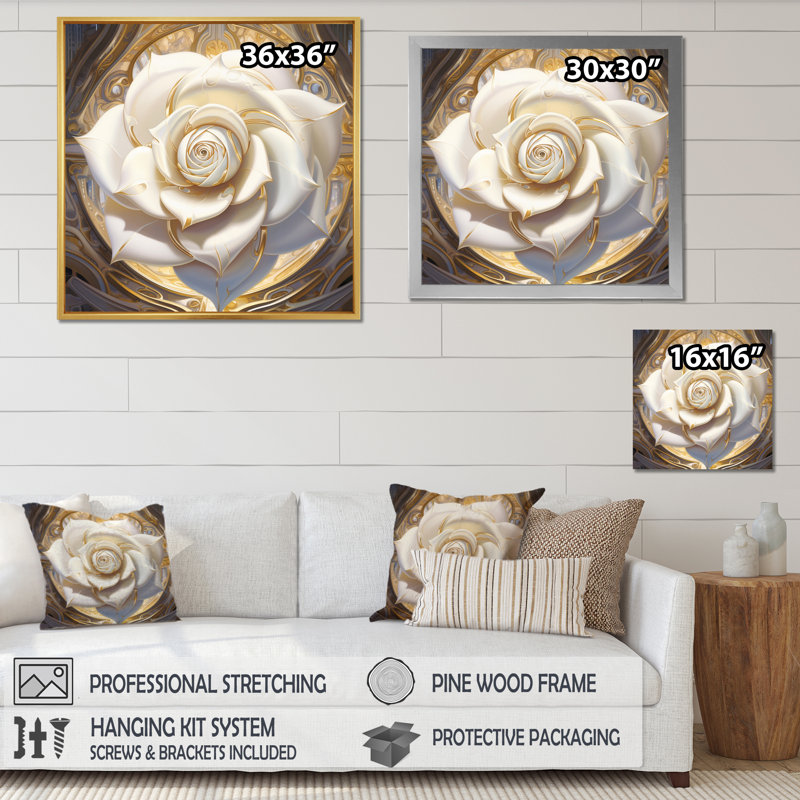«Exquis White Rose Delicate Glam Illustration», reproduction sur toile, H 24 po x l 24 po x P 1 po, Cadre flottant blanc