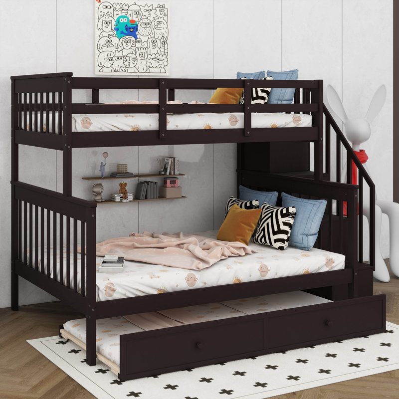 Lit superposé simple au dessus d'un lit double avec gigogne gigogne, Espresso