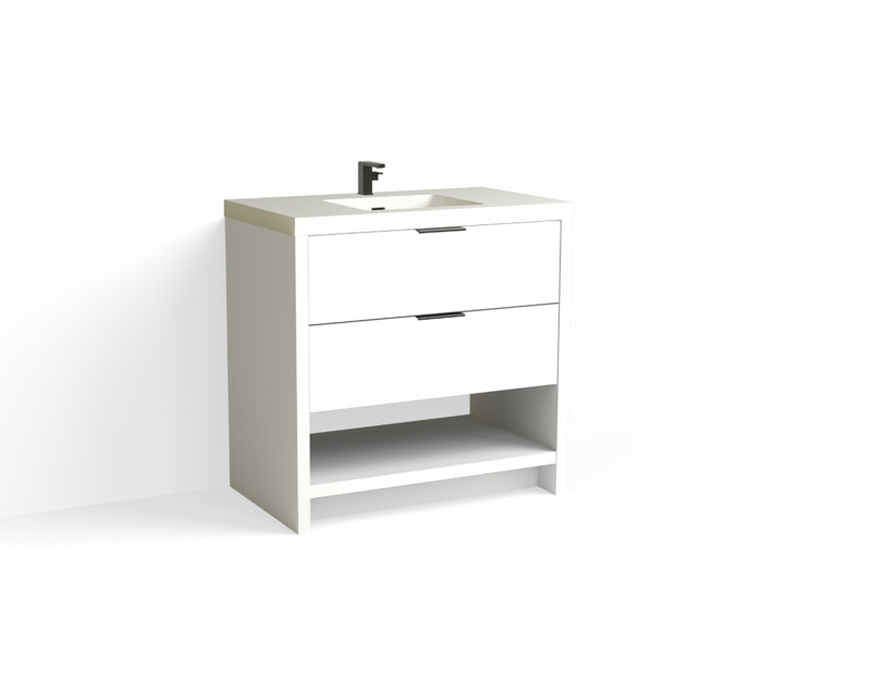Vue 36" W Freestanding Single Bathroom Vanity, Matte White/Single, Matte Black, White Nanomatte
