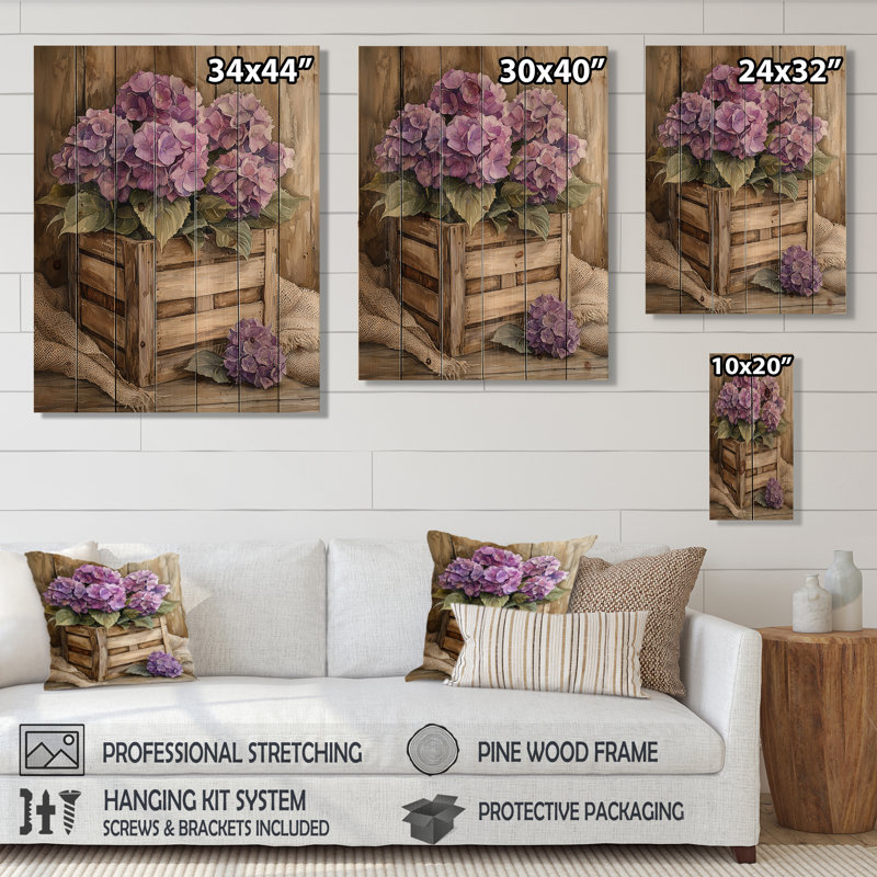 Bouquet d'hortensias dans une caisse en bois III - Art mural en bois d'hortensias - sur bois de pin naturel