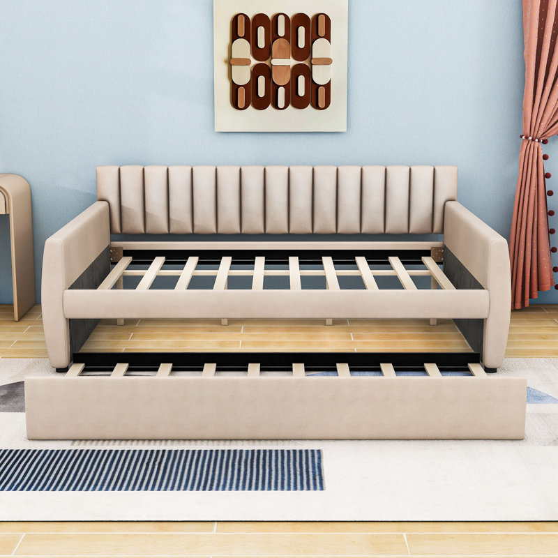 Full Size Velvet Upholstered Daybed with Pull-Out Trundle and Vertical Stripe Backrest, Beige