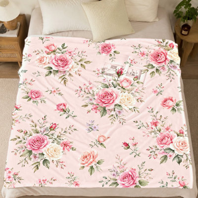 Couverture en flanelle à imprimé floral (1 pièce) – Roses et feuilles éclatantes ; douce et chaude, lavable à la machine, idéale pour le salon et la chambre, accessoire décoratif pour la maison, indispensable pour le camping. Convient également pour la literie et le canapé.