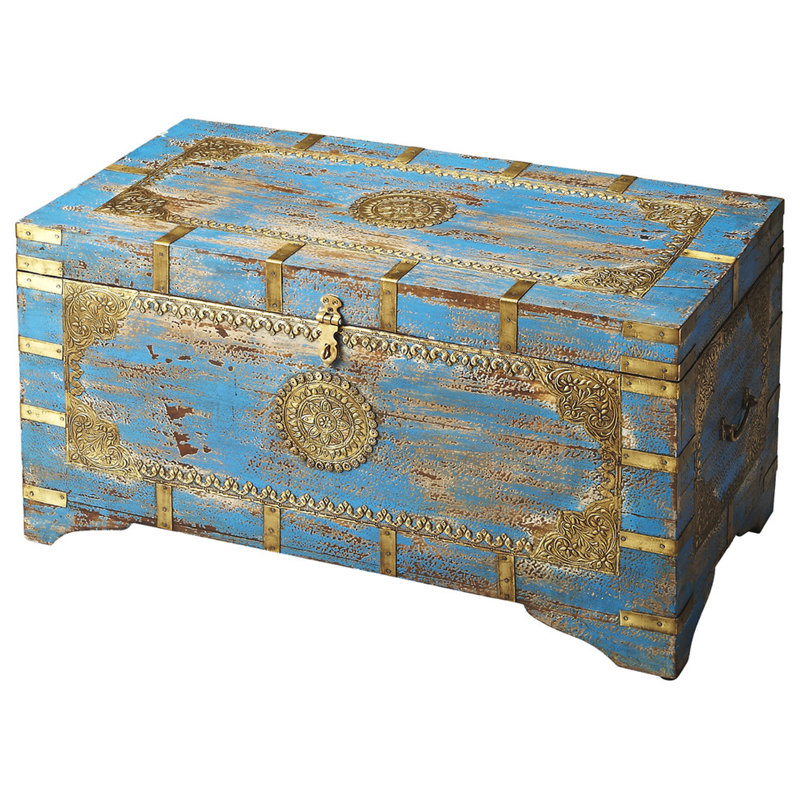  31,5 po Neela L Coffre de rangement rectangulaire en laiton peint avec incrustations, bleu