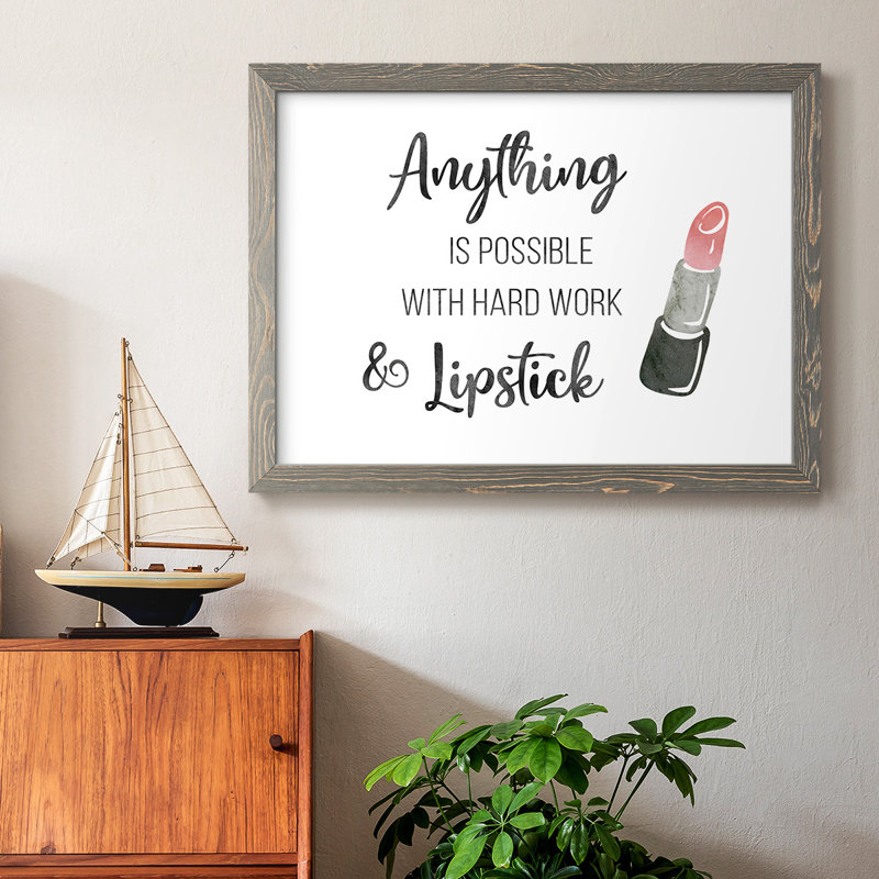 "Hard Work And Rouge à lèvres", art textuel encadré, Gris, H 14 po x l 20 po x P 1,5 po
