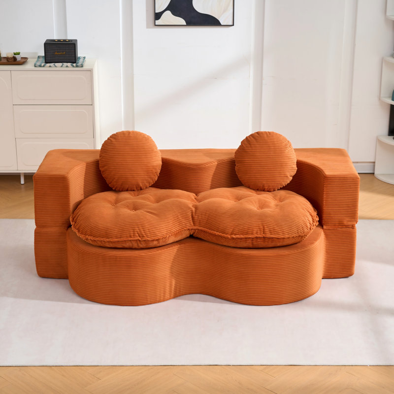 Canapé-lit convertible, canapé-lit moderne pliable en velours côtelé avec mousse à compression, canapé-lit pliant double avec 2 coussins pour le salon, orange