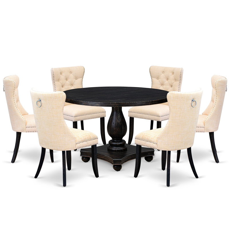 L'ensemble de salle à manger 7 pièces contient une table et 6 chaises parsons en tissu de lin beige clair avec dossier capitonné - Noir sablé