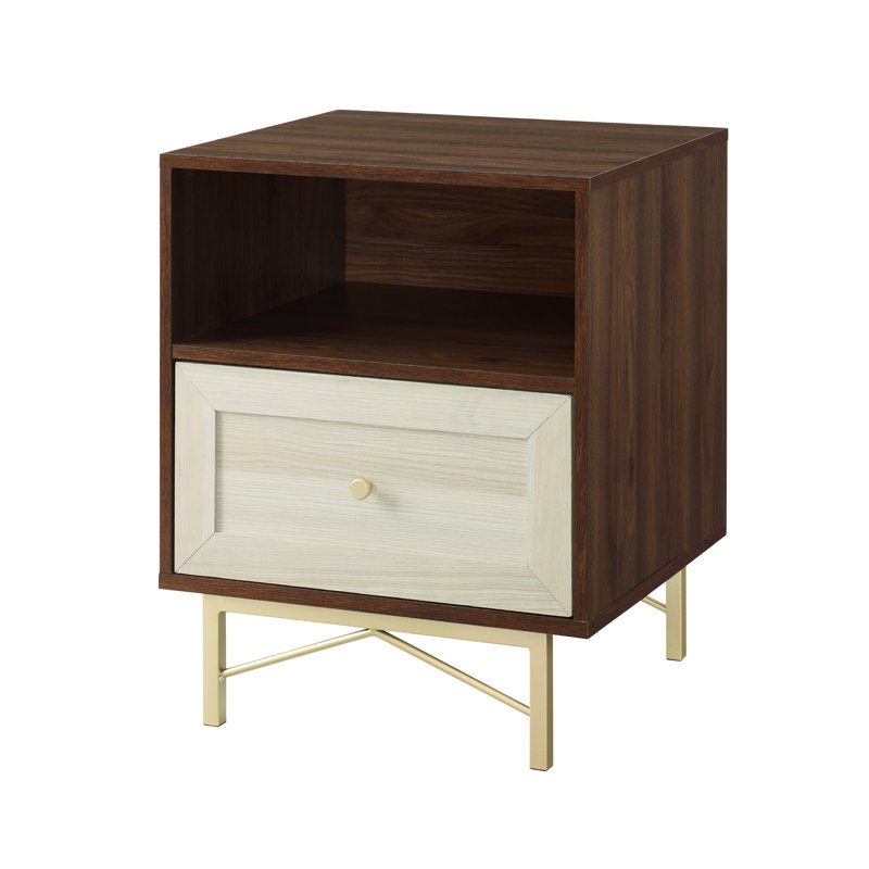 Afet 1-Drawer Nightstand with Open Cubby, Dark Walnut/White Poplar