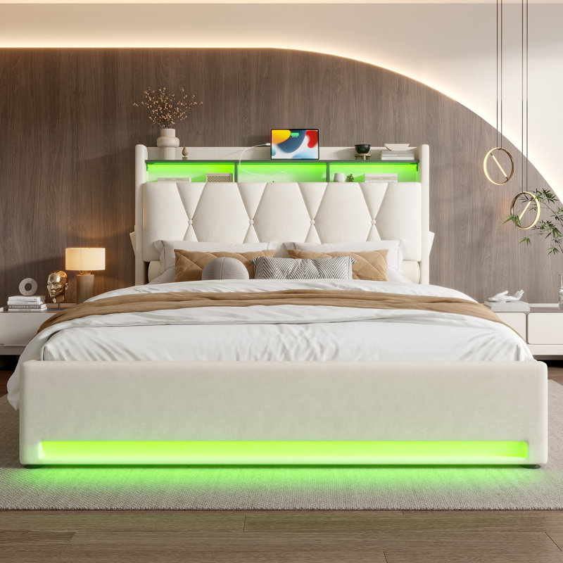 Upholstered Ottoman Storage Bed, Beige, Double (4'6)