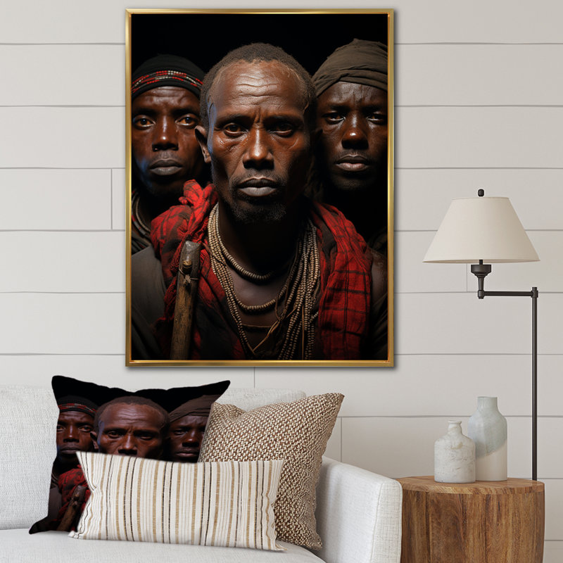 Portrait de Guerrier africain Masai - art mural tribal africain, Cadre flottant doré, H 32 po x l 16 po x P 1 po