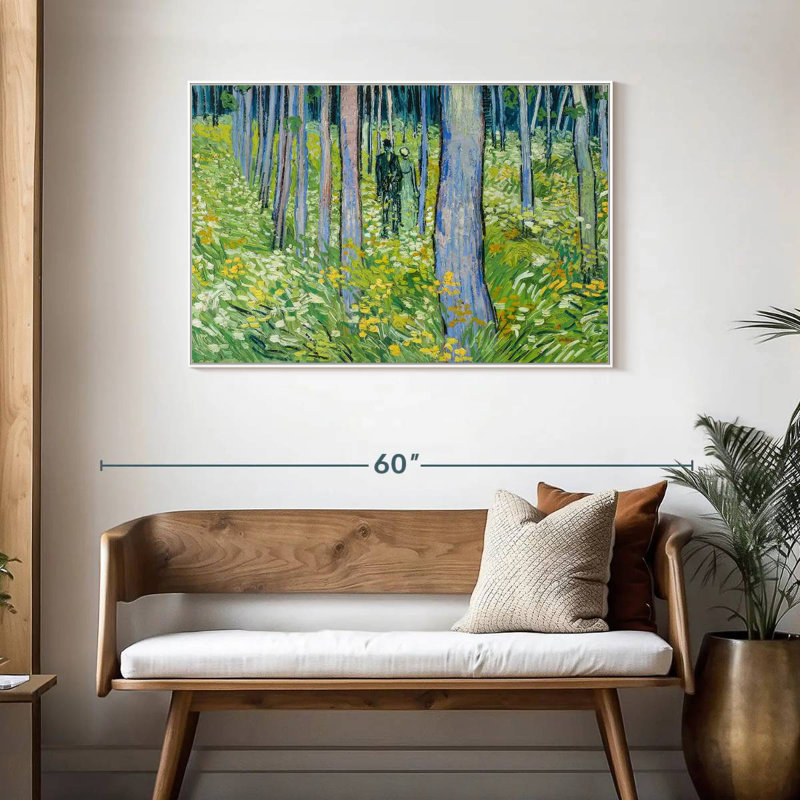 Sous-bois avec deux personnages, Cadre flottant blanc, 43 po x 29 po