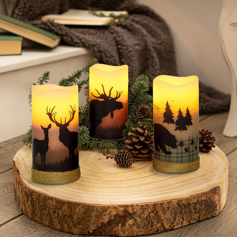 3PCS Battery Operated Real Wax Pillar Candles with Charming Deer,Moose, Bear Decals,Flameless Flickering LED Candles with Hemp Rope and 6H Timer,Rustic Home Decor for Christmas (D3 x H6)
