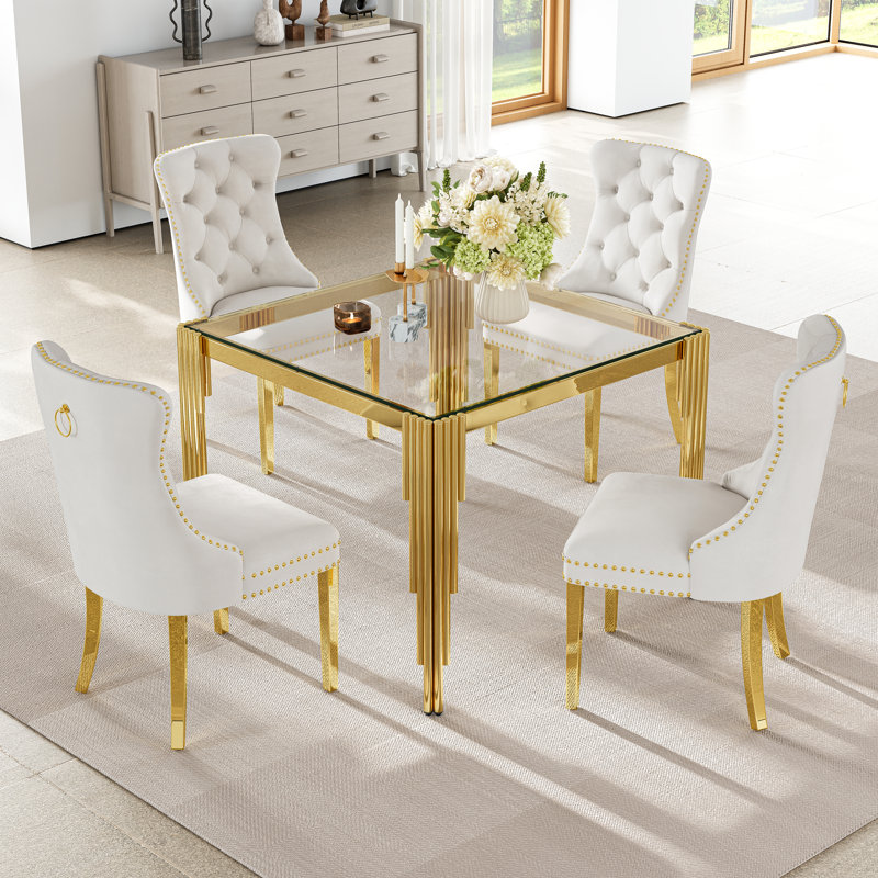 37”Modern Square Glass Dining Table With Stainless Steel Legs For Home Office, Kitchen, Living Room, Clear, Gold