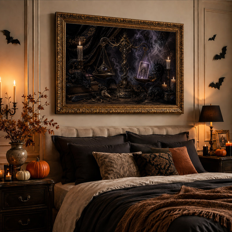 Tableau mural sur toile orné d'une balance dorée avec carte de tarot lumineuse et motif d'Halloween, H 20 po x l 30 po